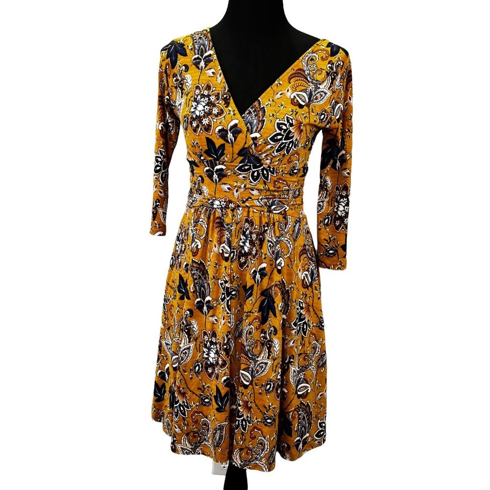 Jessy B Wrap Style Dress size S Gold Mustard Floral Ruched Knee Length Stretchy